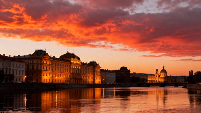 Sunset over historic buildings by river