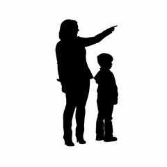 Silhouette of a mother teaching her child moral lessons isolated on white background