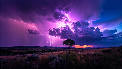 Stormborn Spectacle: Purple Lightning Crashing Over a Wild Landscape as a Vivid Manifestation of Raw Power, Natural Energy, and Elemental Intensity