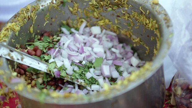 Spicy Indian snack Bhel puri. Quick Indian street food.