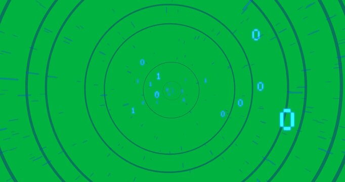 Animation of blue binary coding and moving circles over transparent background