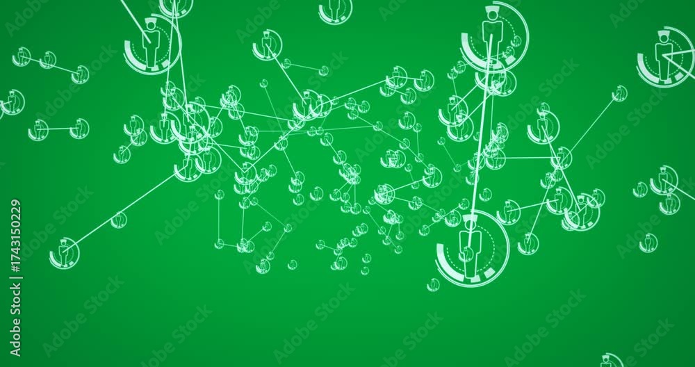 Poster animation of green network of connections with icons over transparent background