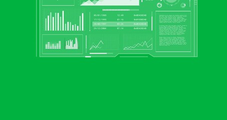 Animation of statistics financial data processing with globe on screen over transparent background - Powered by Adobe