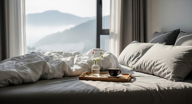 Inviting bedroom scene featuring a mountain view, perfect for travel and hospitality marketing. Promotes relaxation, wellness, or escape. Ideal for hotel advertising.