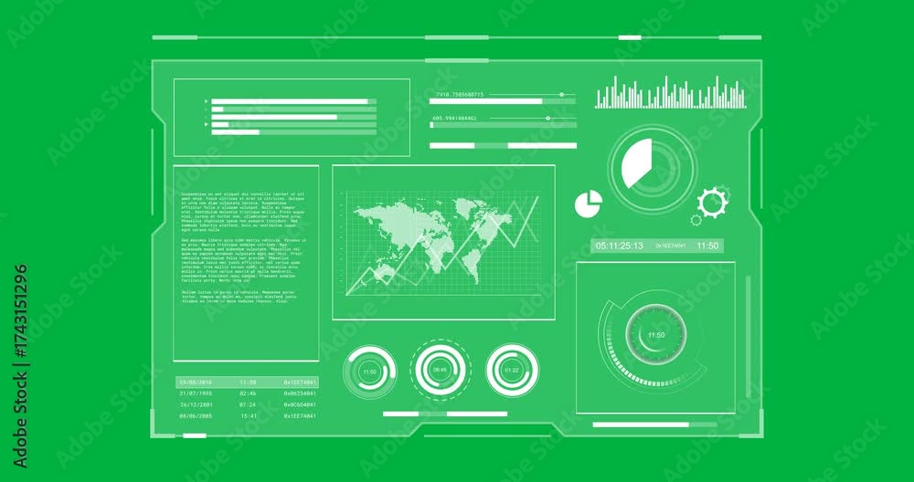 Poster animation of statistics and financial data processing on screen over transparent background