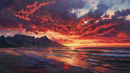 41.A breathtaking view of a fiery sunset over Camps Bay, the sky ablaze with reds and purples, with Table Mountain and the Twelve Apostles towering in the distance, casting shadows over the beach
