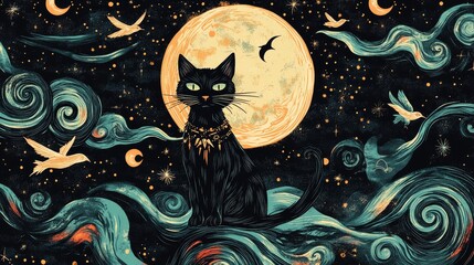 57.A celestial boho pattern showcasing a whimsical black cat with witchy accessories, standing beneath a full moon. Ethereal birds fly around, while the cosmic backdrop swirls with stars, galaxies,