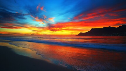 40.Vibrant Cape Town sunset with colorful skies over the tranquil beach of Camps Bay, Table Mountain and the Twelve Apostles creating a majestic backdrop, the sun dipping below the horizon