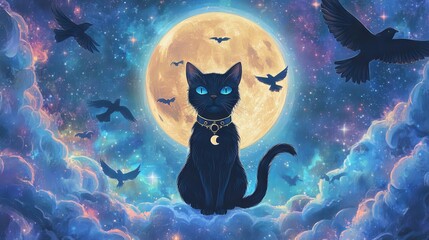 57.A celestial boho pattern showcasing a whimsical black cat with witchy accessories, standing beneath a full moon. Ethereal birds fly around, while the cosmic backdrop swirls with stars, galaxies,