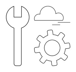 Gear, wrench, and cloud line art representing technology, cloud computing, maintenance, and efficiency. Ideal for computing, repair, IT services automation development modernization simple flat