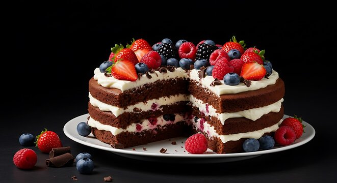 Layered Chocolate Cake with Cream and Fresh Berries on Dark Background