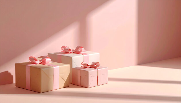 Beautifully wrapped presents in soft pink hues and natural tones, arranged artfully with sunlight and shadows, ideal for capturing festive spirit and heartfelt giving