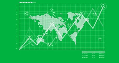 Animation of statistics and financial data processing over world map and transparent background - Powered by Adobe