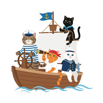 A cartoon illustration depicts four cats sailing a small wooden boat on the water.