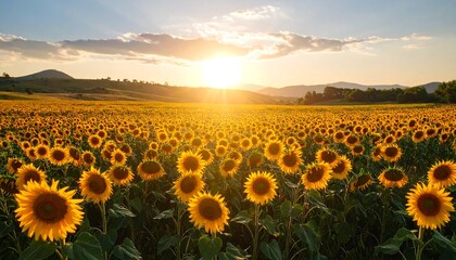 Panoramic View of a Sunflower Field Illuminated by Sunset