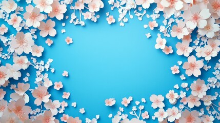 64.A playful, hand-crafted paper cut-out design with a cascade of cherry blossoms framing the scene, featuring intricate layers of flowers against a solid bright blue background. Perfect for a