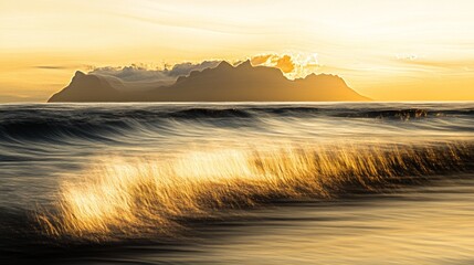 39.Sunset scene from Camps Bay Beach, with soft golden light reflecting on the water, and the dramatic silhouette of Table Mountain and Twelve Apostles looming in the background, waves gently lapping