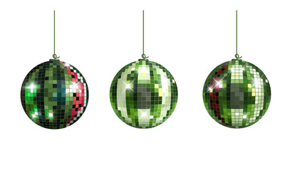 Set of realistic vector disco balls similar to a watermelon, with green and red reflections on a transparent background. Ideal for holiday backgrounds , club posters, dance party invitations.