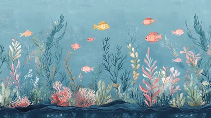 4.A seamless marine-themed border with graceful underwater plants and small, colorful fish darting in and out, the design offering a dynamic, handmade feel with natural textures and soothing ocean
