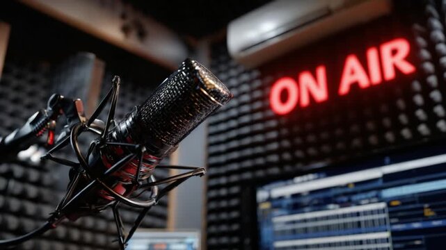 Studio's Sound: An image featuring a vintage microphone with ON AIR illuminated sign in the background, set against the backdrop of sound-dampening panels, and the modern technology in studio.