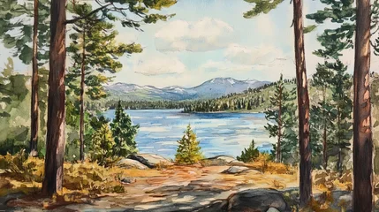Canvas schilderij Kaki Watercolor landscape painting of mountain lake and forest scenery in nature with artistic ink sketch style  © Nazia