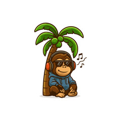 Cute cartoon orangutan wearing glasses under a palm tree