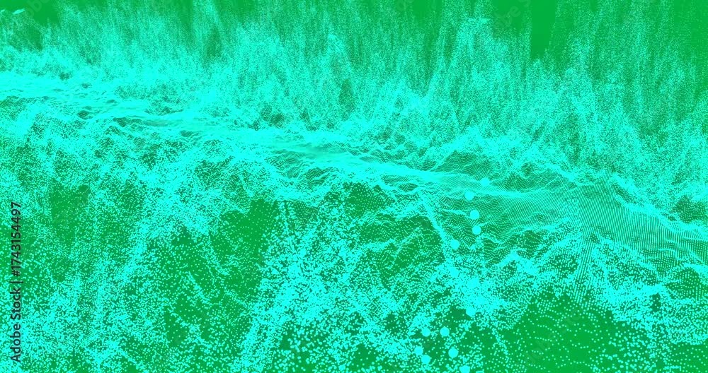 Wall mural animation of glowing green digital mesh with dots waving on transparent background