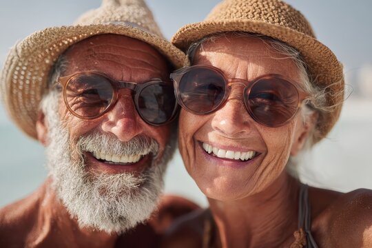 Smiling senior couple takes a selfie at the beach, wearing sunglasses and hats. It portrays active, happy retirement lifestyles, and carefree travel adventures.