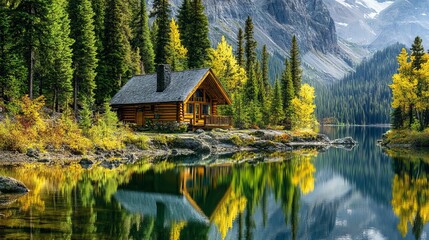 Obraz premium Cozy wood cabin by serene lake in mountain forest landscape