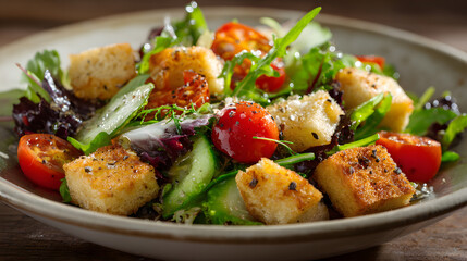 Crisp salad gluten free crouton cherry tomato cucumber mixed greens arugula parmesan olive oil pepper fresh