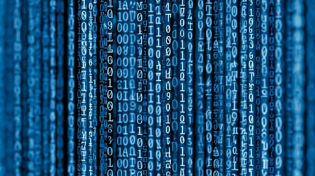 Abstract blue background featuring strings of falling binary code representation