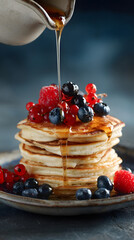 Fluffy pancake berry maple syrup breakfast stack sweet dessert homemade rustic syrup drizzle blueberry raspberry