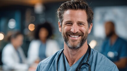 Fototapeta premium A smiling doctor in scrubs and stethoscope with team behind him. Perfect for healthcare, medical, or wellness related content.