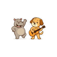 Happy hippo dances while dog plays guitar