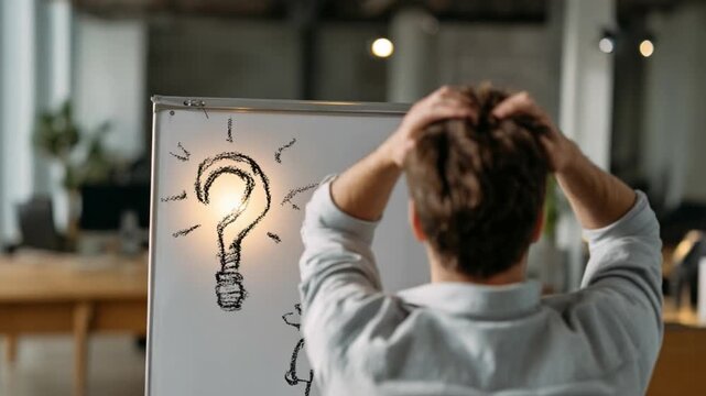 Brainstorming and Problem Solving: A man stands perplexed before a whiteboard adorned with a question mark illustration. capturing the essence of contemplation and the search for answers. 