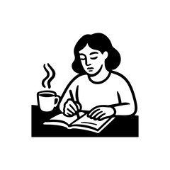 Young woman writing in a journal with a steaming cup of coffee