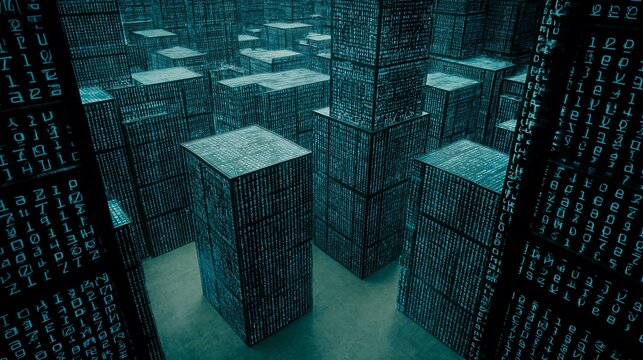Abstract digital cityscape with binary code patterns on building structures illustration