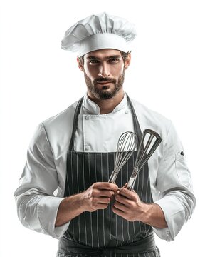 Master Chef's Tools, A focused male chef in full uniform, sporting a tall toque and apron, confidently holds a whisk and spatula, ready to create culinary masterpieces in a studio setting.