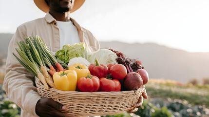 Fresh harvest basket farmer vegetable organic colorful pepper tomato carrot lettuce cabbage carry with pride at sunrise in field