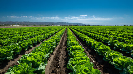 Lettuce farm field rows green sky landscape agriculture rural soil Fresh lettuce farm field rows green sky landscape agriculture rural soil sunny