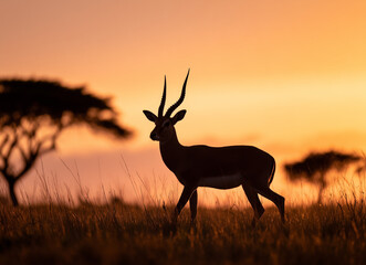 Naklejka premium Graceful antelope standing in the golden savannah grass at sunset with acacia trees in the background