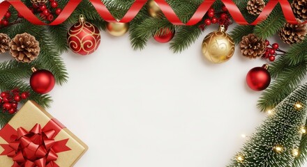 Evergreen branches red ribbon decorative baubles pinecones berries a wrapped gift and a small illuminated tree on a white surface