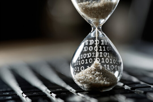Hourglass filled with binary code, symbol of digital time and technology - Powered by Adobe