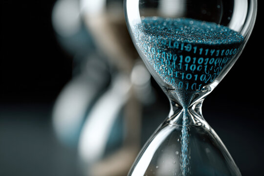 Hourglass filled with binary code, symbol of digital time and technology