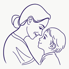 A tender moment between a mother and her child depicted in a simple and elegant line art style conveying love and connection