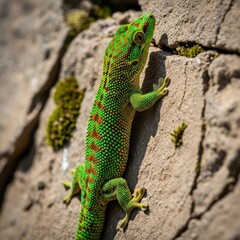 Fototapeta premium Vibrant Green Gecko Clinging to a Textured Rock Surface.