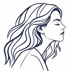 Elegant profile illustration of a woman with flowing wavy hair and closed eyes symbolizing beauty and serenity in a minimalist line art style