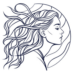 Elegant profile of a woman with flowing hair in a circular abstract design line art illustration