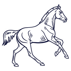 Elegant outline drawing of a powerful horse in motion captured in a dynamic pose with flowing mane and tail isolated on a white background