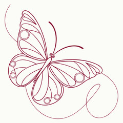 Elegant single line drawing of a stylized butterfly with swirling lines and circular accents in a deep red outline on a white background